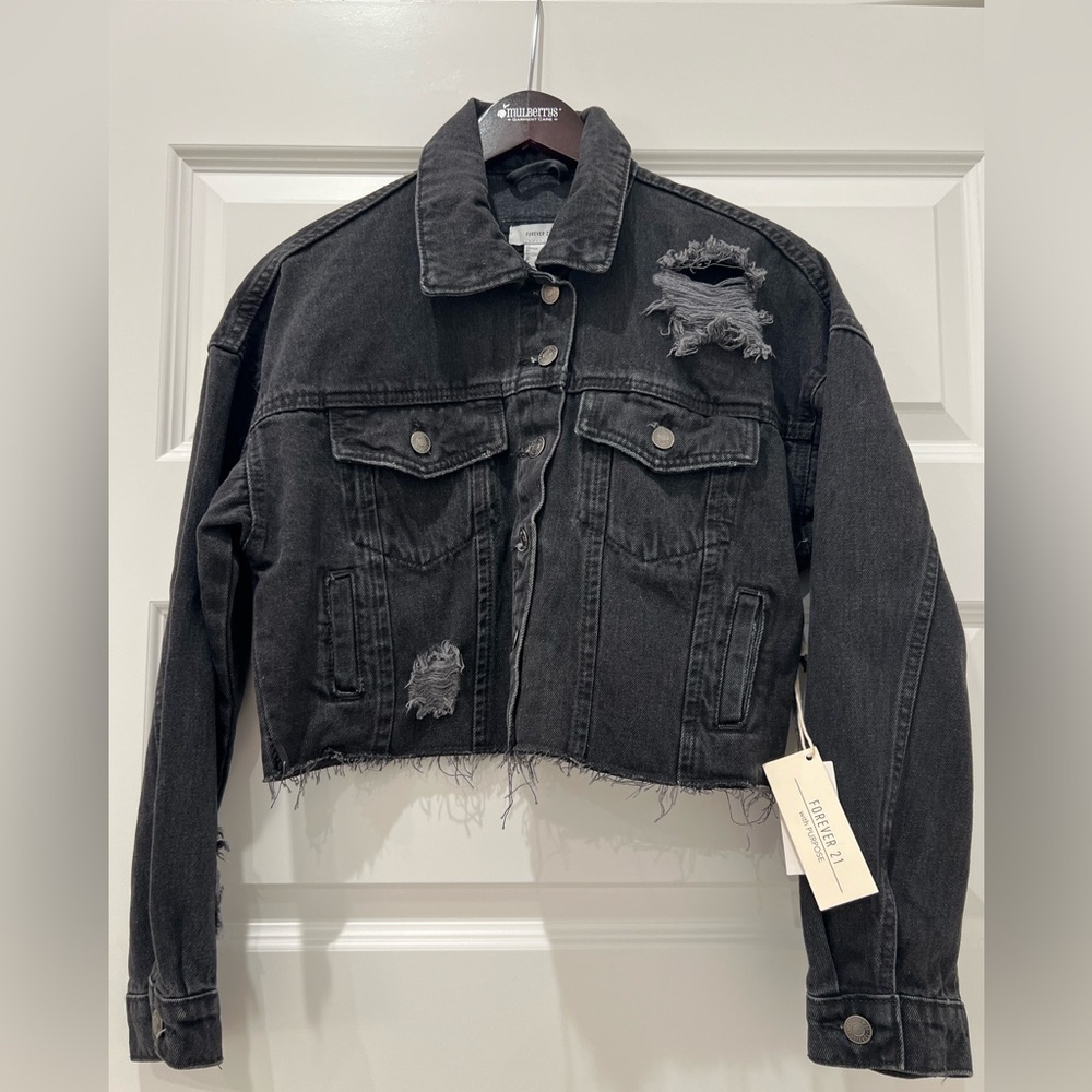 NWT black distressed denim cropped jacket